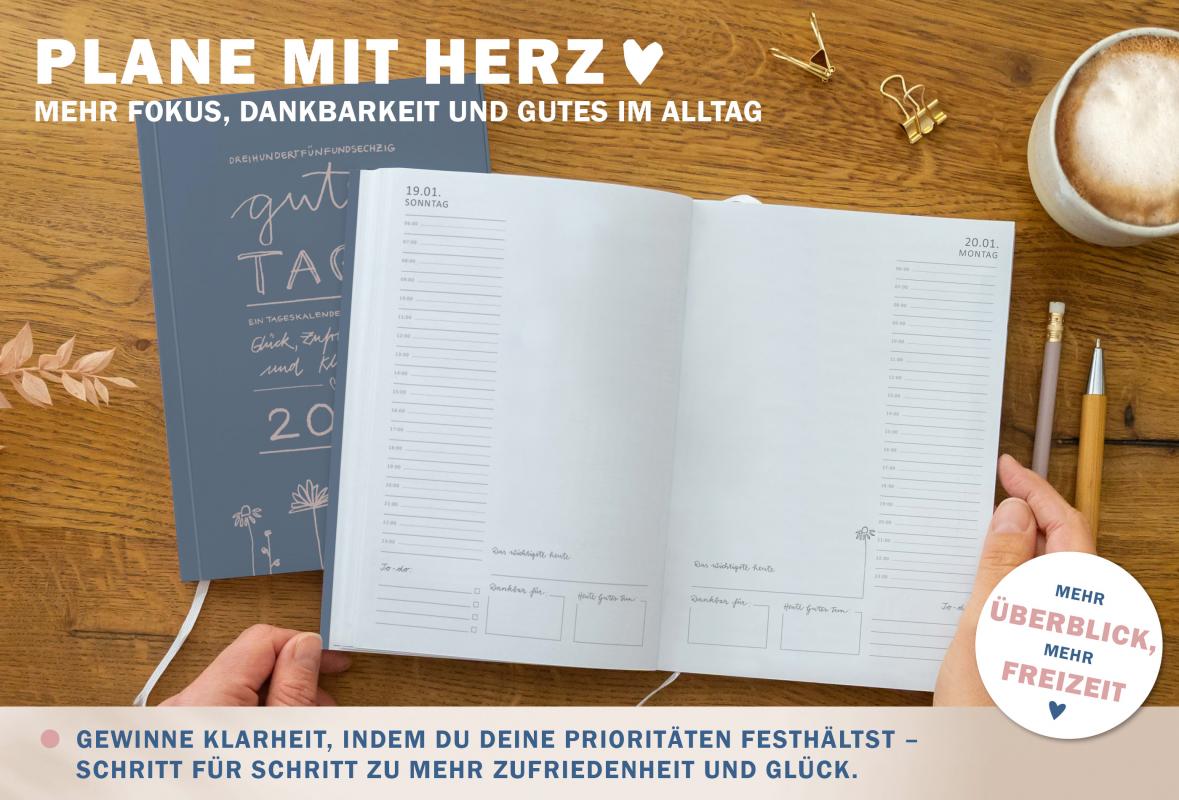 Detailansicht Jahresübersicht mit Ferien und Feiertage A5 Terminkalender 2025, blau rosa weiß